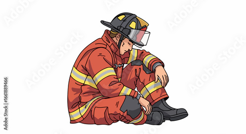 A tired and dejected firefighter in full orange protective gear sitting down to rest after a call.