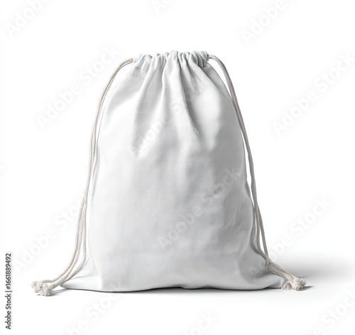 A simple, white, drawstring bag made of fabric, sits on a white background, showing its cinched top and natural-toned cords