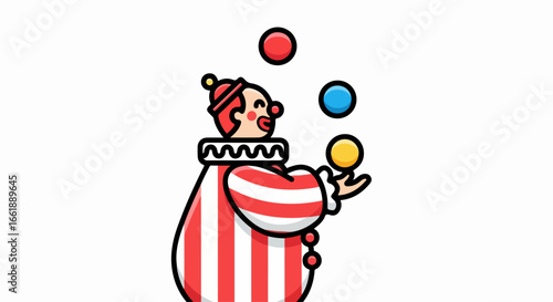 Cartoon Clown Juggling Colorful Balls in Striped Costume.