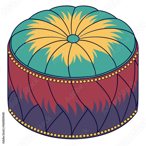 Vector art of a decorative round ottoman pouf footstool with teal, yellow, and burgundy upholstery, featuring tufted detailing and a beaded trim, adding a touch of elegance to interior design