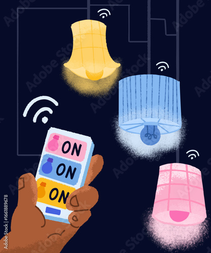 Smart Home Lighting: A hand manipulates a digital device, expertly managing a network of luminous lamps, presenting a glimpse into the future of home illumination