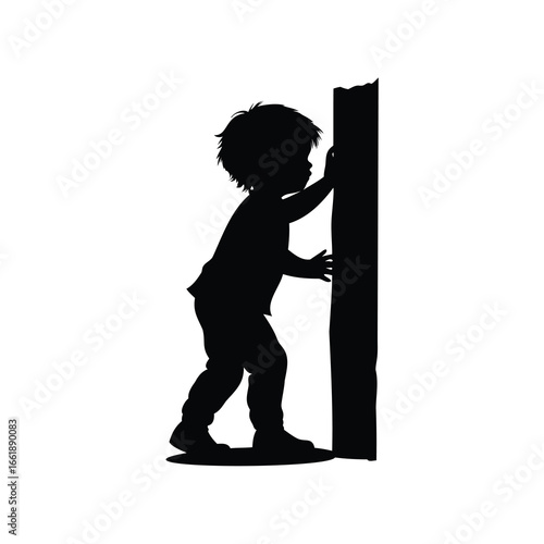 Silhouette of a Toddler Reaching and Exploring a Vertical Object on White, child playing hide and seek silhouette vector illustration