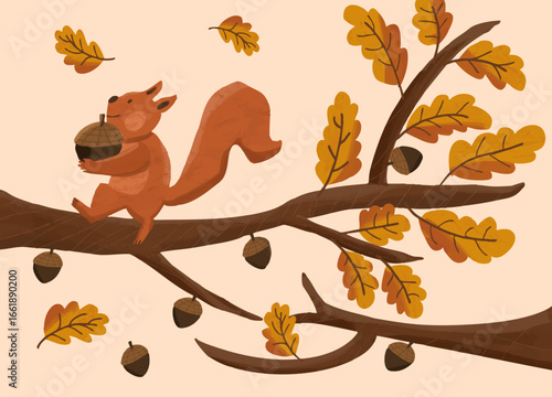 Autumn Squirrel's Acorn Feast: A charming squirrel, perched on a sturdy branch, clutches a sizable acorn, surrounded by falling leaves and ripening acorns, evoking a cozy autumn ambiance.