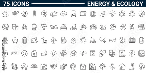 Set of 75 outline icons related to energy, ecology. Linear icon collection. Editable stroke. Vector illustration. Pictograms and infographics for mobile apps. 