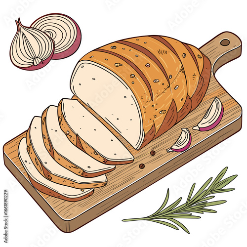 Illustration of sliced bread with onion and rosemary on a wooden board, perfect for sandwiches