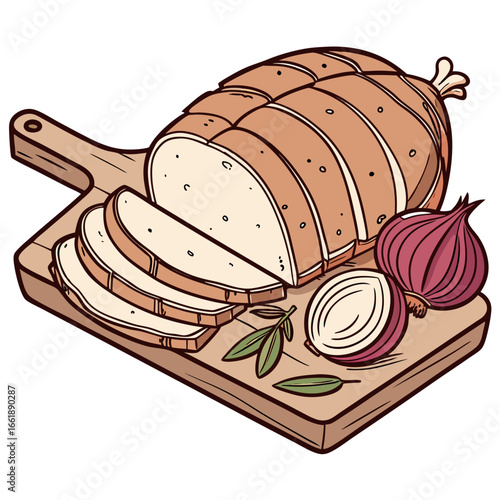Illustration of sliced roasted turkey with onions and herbs on a wooden board