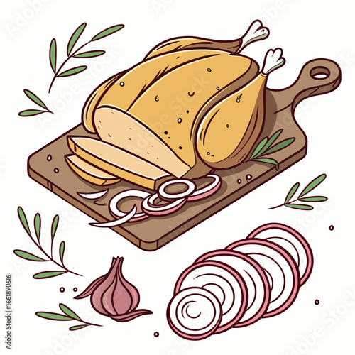 Vector art of roasted turkey on a wooden board with onion slices and herbs, a delicious meal for thanksgiving or any special occasion