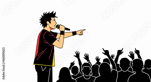 Male singer with spiky hair performing for a cheering crowd, holding a microphone and pointing.