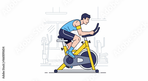 Man Exercising on Stationary Exercise Bike in Gym.