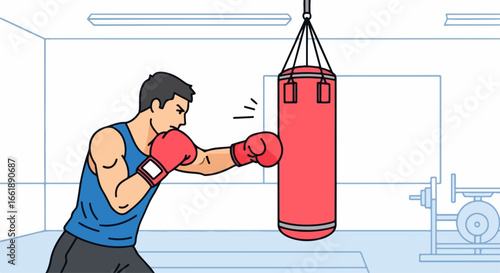 Man in Boxing Gloves Punches a Punching Bag in Gym.