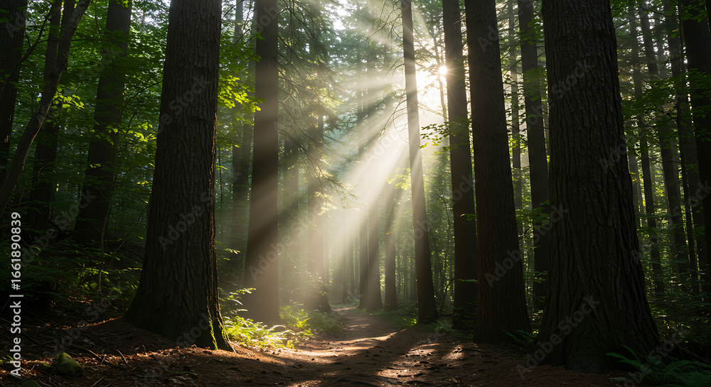 Fototapeta premium Sunlight streams through a forest path, illuminating a serene and tranquil woodland scene.