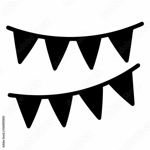 Simple minimalist black and white drawing of two strings of party pennants