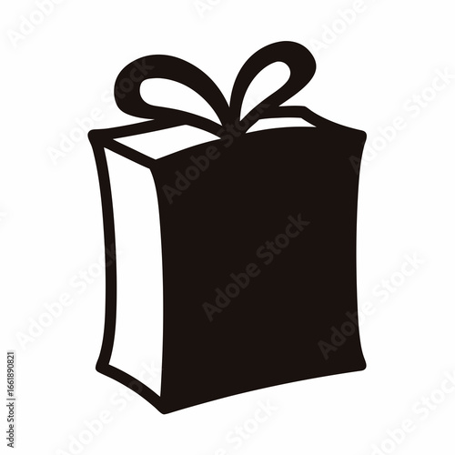 Stylized black gift box with bow on white background offering a present