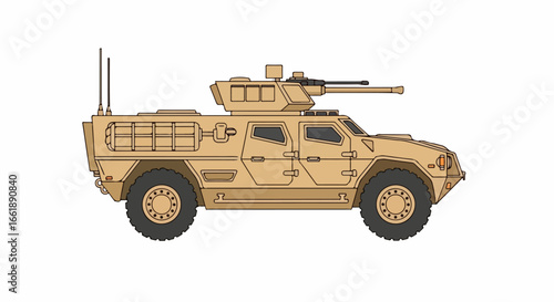Tan Armored Military Vehicle with Turret Gun and Antennas.