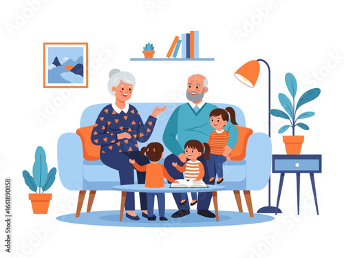 Family Time at Home: Charming illustration showcases grandparents and grandchildren enjoying precious moments together, emphasizing family connection and home life.