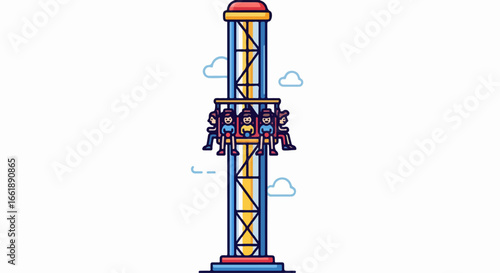 Thrill Ride Drop Tower with Passengers Ascending High into the Sky.