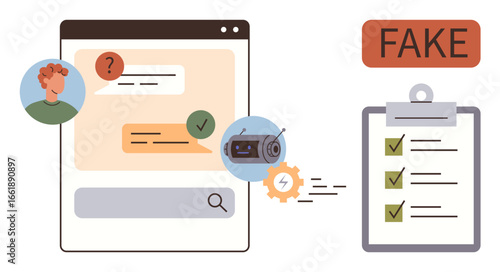 Web chat window with AI bot responding, clipboard showing a checklist marked FAKE. Ideal for misinformation detection, AI tools, digital safety, research, fact-checking, online integrity, and simple