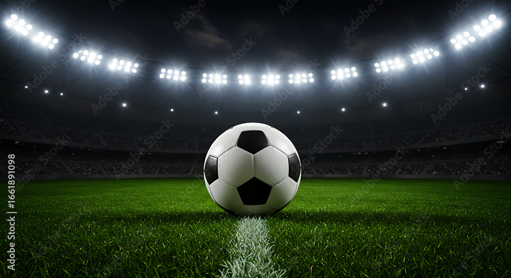 Obraz premium A football sits on a vibrant green pitch, beneath the brilliant stadium lights, waiting for kickoff.