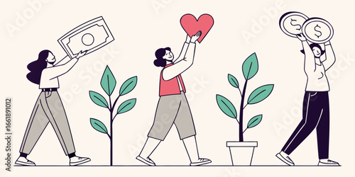 Growing business with investment and love, money and growth concept art