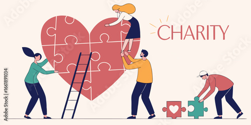 Teamwork completing charity heart puzzle, collaborative people help community