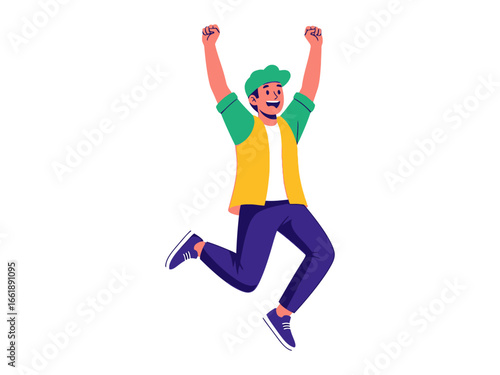 Joyful Jump of Triumph: Illustrative vibrant depiction of a man celebrating success with arms raised high in a joyful leap. Evoking a sense of pure achievement, exuding energy, triumph.