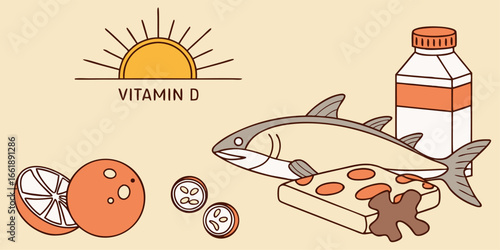Vitamin D rich food sources for healthy lifestyle, modern cartoon style art