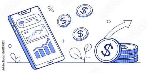 Modern finance app showing growth with money illustration for investment
