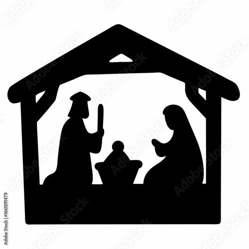 Black and white Nativity scene depicting the birth of Jesus Christ