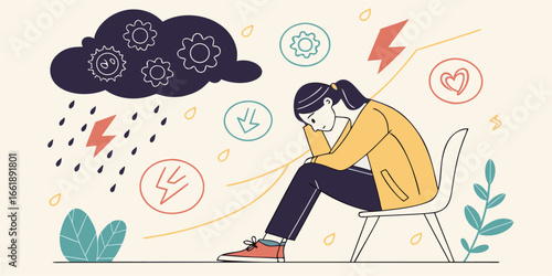 Upset woman sitting with mental health icons showing depression and anxiety