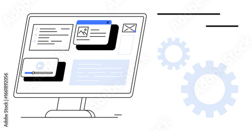 Computer monitor with multitasking interface includes pop-ups, images, text, and settings gear icons. Ideal for technology, multitasking, software, workflow, organization productivity