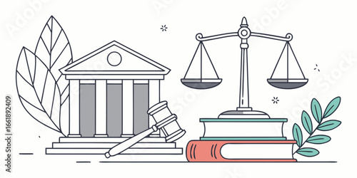 Fair justice scales on law books with gavel in elegant legal outline art