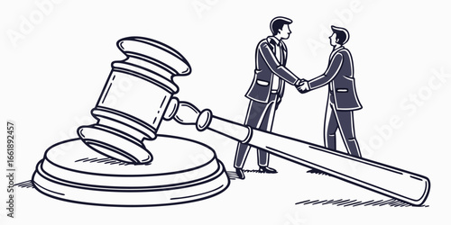 Businessmen handshaking near gavel symbolizing legal agreement and partnership