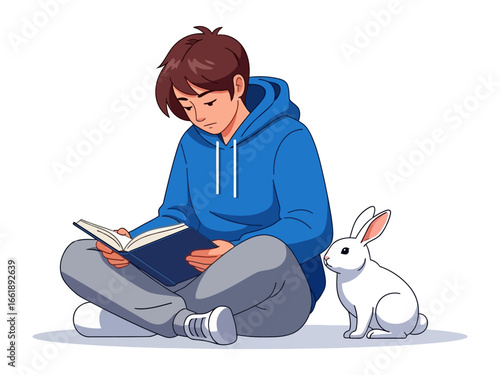 A Boy Reading with a Rabbit: A young boy sits cross-legged, engrossed in a book with a curious rabbit gazing at him, creating a serene and heartwarming illustration of reading and companionship.