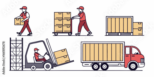 Dynamic logistics team efficiently moving cargo with trucks and forklifts