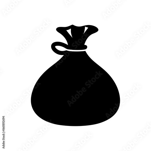 Black and white image depicting a full sack or bag with tie