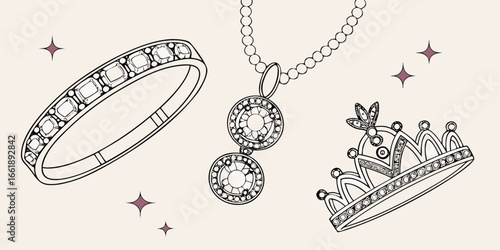 Elegant jewelry set diamond ring necklace and tiara sparkle graphic