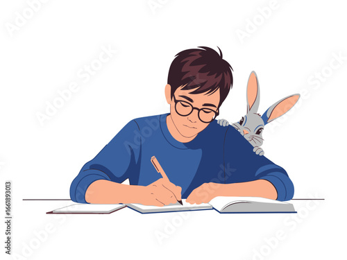 A Study Session with a Companion: A young boy engrossed in his studies, diligently writing with a pen on paper, accompanied by a curious bunny. 