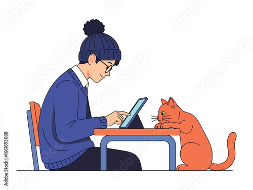 Digital Harmony: A young person is absorbed in the glow of a tablet, while a curious cat watches intently.