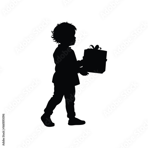 Silhouette of a young child carrying a wrapped gift, full body, child with christmas gift silhouette vector illustration