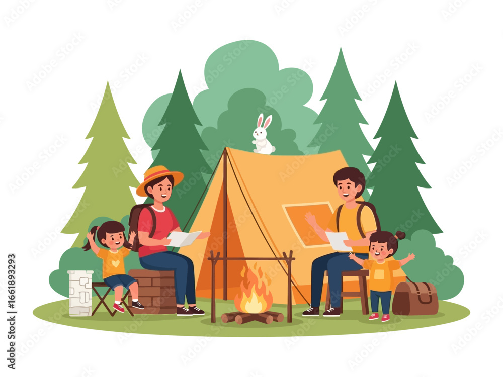 Naklejka premium Family camping in the forest: A family of four, consisting of parents and two children, enjoying quality time while camping in a vibrant forest setting, gathering around a warm campfire.
