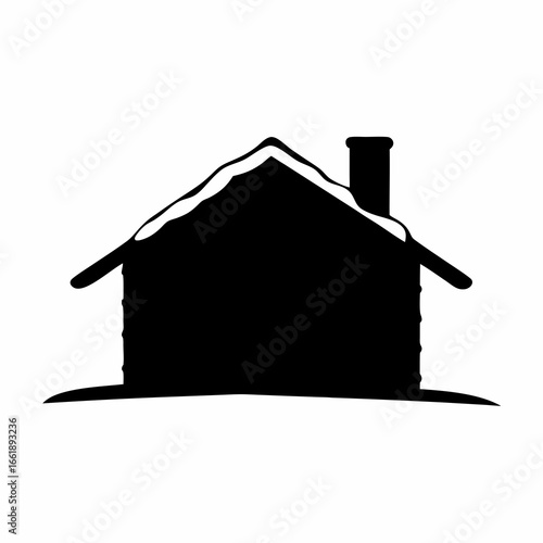 Silhouette of a cozy cabin with snow on the rooftop and chimney