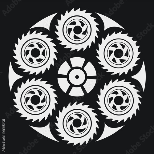 Collection of eight circular saw blades arranged in a design