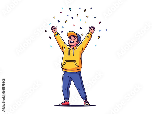 Joyful Celebration Under Confetti: A delighted young person, wearing a cap and hoodie, is gleefully throwing confetti into the air, encapsulating the jubilant essence of triumph and celebration.