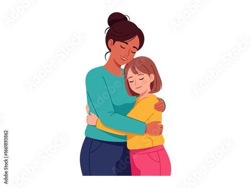 Mother and Daughter Embrace: A tender moment unfolds as a mother embraces her daughter, their eyes closed in a serene display of affection and familial bond.