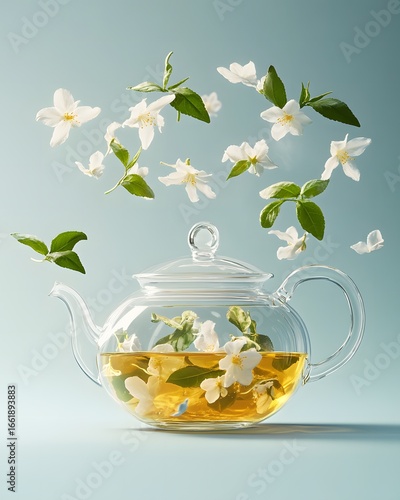 Jasmine tea in transparent teapot,3D soft pop.