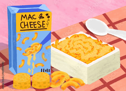 Mac & Cheese: a carton box with spoon, and food serving, evoking a nostalgic embrace the comfort and simplicity of the classic mac & cheese, a timeless dish for all ages.