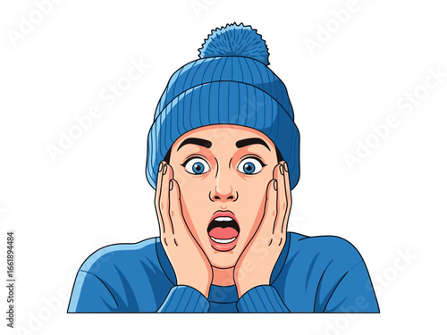 Surprised Expression: A close-up, digital illustration of a woman, exuding astonishment with wide eyes and an open mouth, cradling her face in her hands. Capturing the raw, unexpected moment.