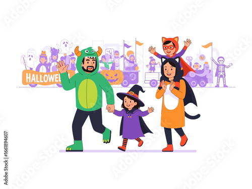 A Halloween Promenade: A family revels in the spirit of Halloween as they enjoy a spirited parade. The image is a vibrant illustration, celebrating community and childhood joy.
