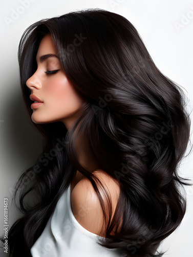 young girl with well-groomed dark hair. Woman with hairstyle with curls. Portrait for design