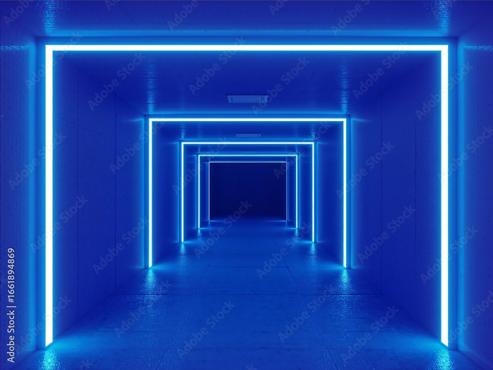Fototapeta premium Abstract Blue Lit Tunnel with Geometric Frames Leading to an Enigmatic End.